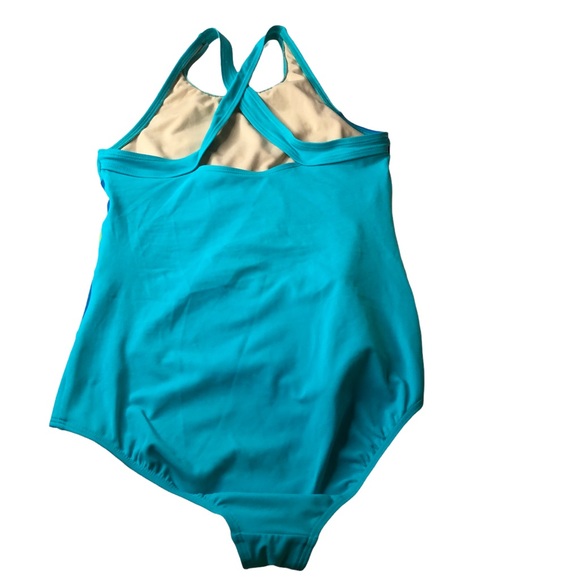 VTG Land’s End Plus SZ 16 Color Block One Piece Swimsuit, Cross Back Shelf Bra - Picture 4 of 9